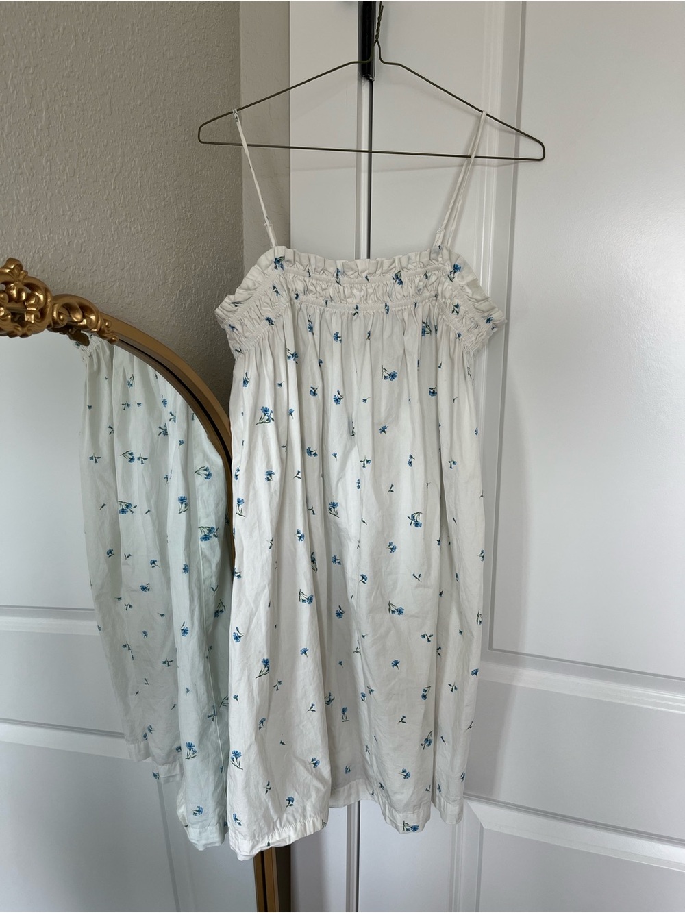 H&M White & Blue Floral Smocked Spaghetti Strap Sundress